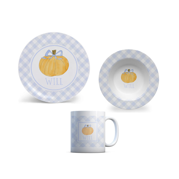 kid Halloween plate pumpkin with blue bow cup placemat