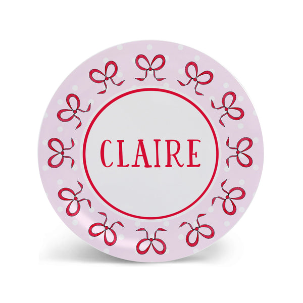 personalized kid Valentine plate girl bows pink red melamine