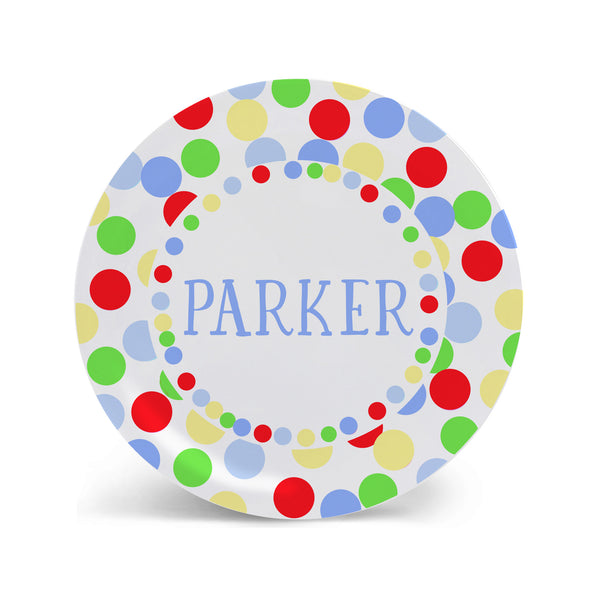 personalized kid plate bright dots red blue