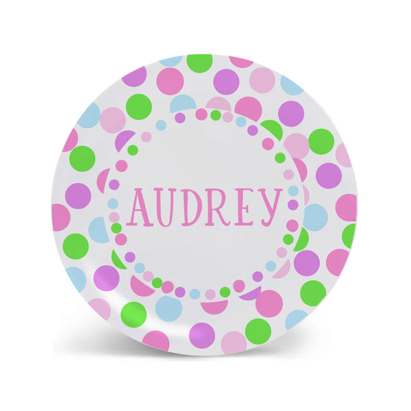 personalized kid plate bright dots pink purple