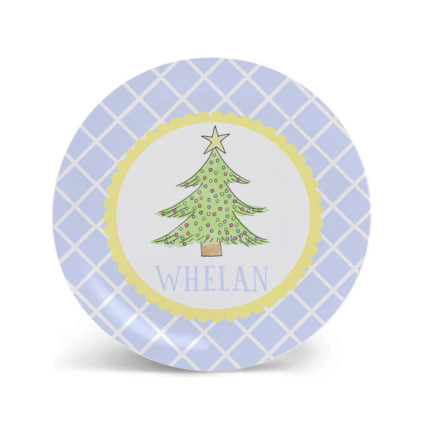 Personalized Kids Christmas Tree Melamine Plate in Blue
