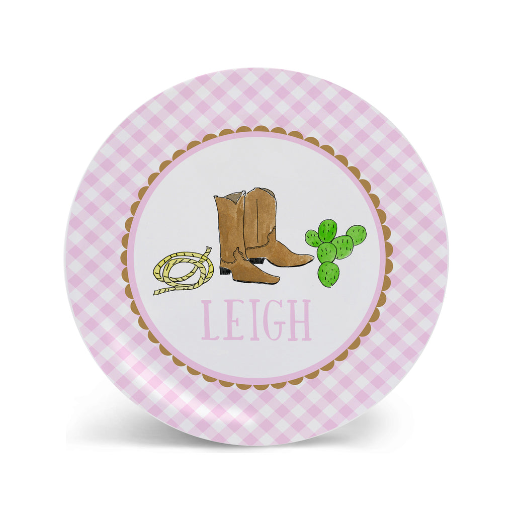 Cowboy Boots Personalized Kids Plate in Pink
