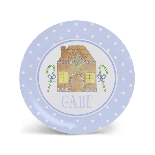 Christmas kid plate personalized gingerbread house blue