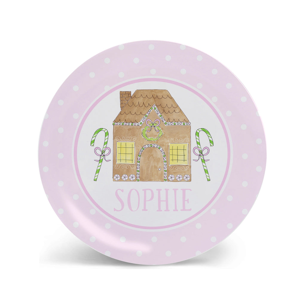 Christmas kid plate personalized gingerbread house pink bowl placemat cup