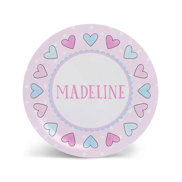 Hearts in Pink and Blue Personalized Kids Plate, Bowl, and Cup Set | Valentine Childrens Dishes