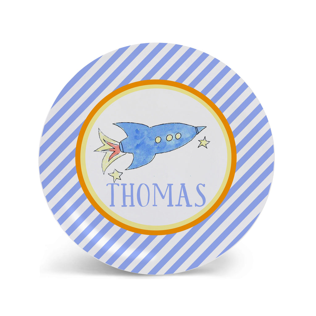 rocket melamine personalized plate for kids space ship