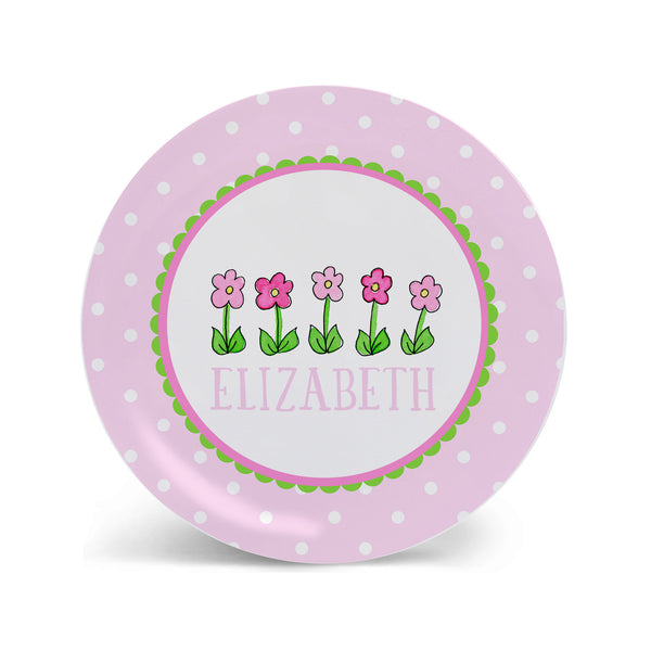 row of flowers melamine personalized plate for kids