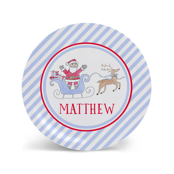 Santa Sleigh Personalized Kids Christmas Plate, Bowl, and Cup Set in Blue