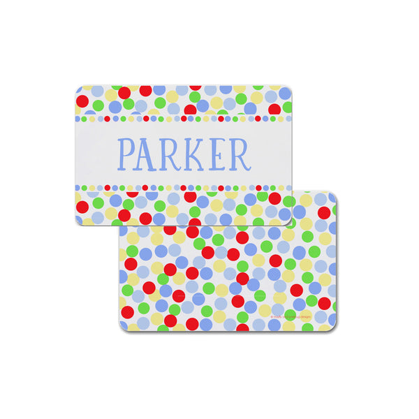 personalized kid placemat bright dots red blue