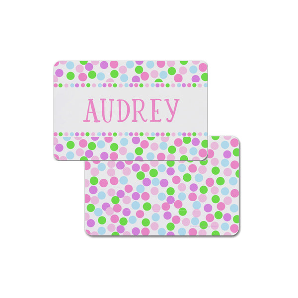 personalized kid placemat bright dots pink purple