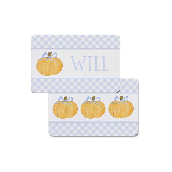 kid Halloween placemat pumpkin with blue bow