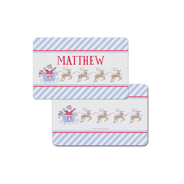 Santa Sleigh Personalized Kids Christmas Placemat in Blue