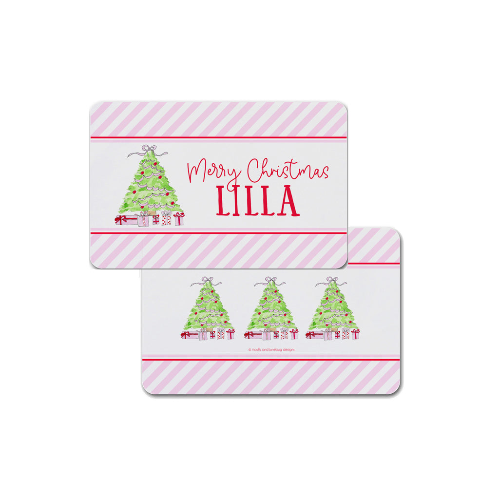 Christmas Tree with Presents Personalized Kids Placemat in Pink and Red